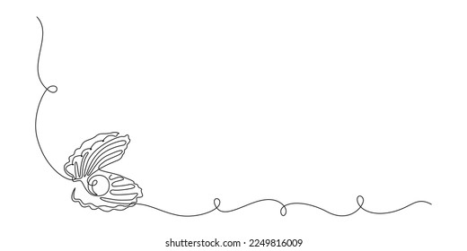 Continuous one line drawing of open oyster shell with pearl. Seashell symbol and banner of beauty spa and wellness salon in simple linear style. Editable stroke. Doodle Vector illustration