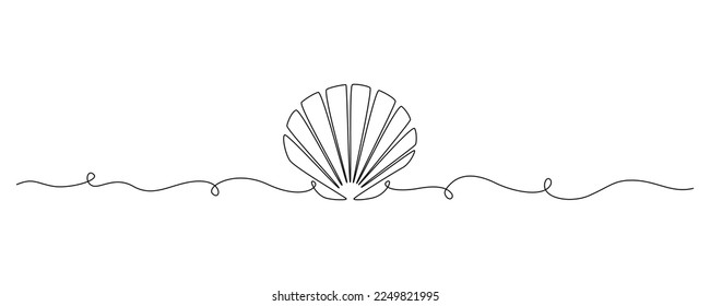 Continuous one line drawing of open oyster shell. Seashell symbol and banner of beauty spa and wellness salon in simple linear style. Editable stroke. Outline Vector illustration