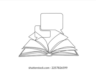 Continuous one line drawing open book with bubble for text. Vector illustration on white background.