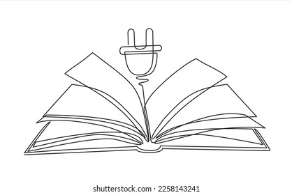 continuous one line drawing of Open book with cable plug, electronic book concept line art symbol or logo, e-book, education and literature reading library.