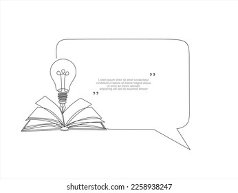 Continuous one line drawing of open book, light bulb and speech bubble. Trendy line art vector on a white background. Vector illustration.