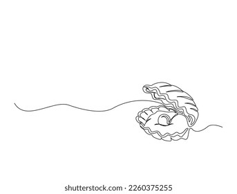 Continuous one line drawing of open pearl shell. Simple illustration of shell with pearl line art vector illustration