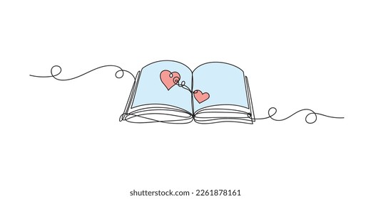 Continuous one line drawing open book with hearts shape isolated flat design vector illustration on white background.