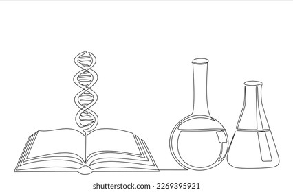 Continuous one line drawing of open book with DNA and laboratory glassware on white background. Isolated simple line modern graphic style. Hand drawn graphic concept for education