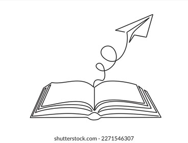 Continuous one line drawing of open book with flying paper plane. Vector illustration on white background.