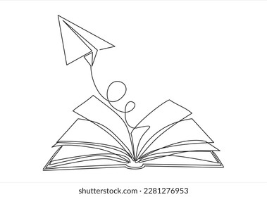 Continuous one line drawing of open book with flying paper plane. Vector illustration on white background.