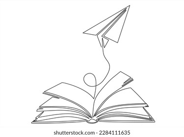 Continuous one line drawing of open book with flying paper plane. Vector illustration on white background.	