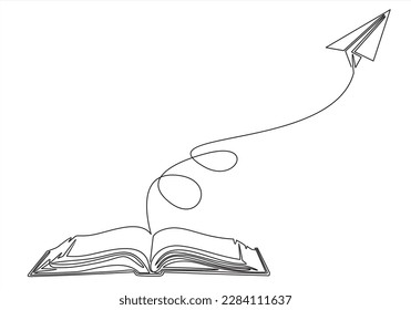 Continuous one line drawing of open book with flying paper plane. Vector illustration on white background.	