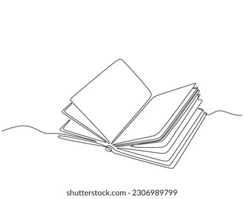 Continuous one line drawing open book with flying pages. Vector illustration education supplies back to school theme isolated on white background.