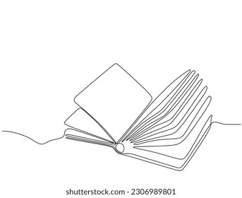 Continuous one line drawing open book with flying pages. Vector illustration education supplies back to school theme isolated on white background.