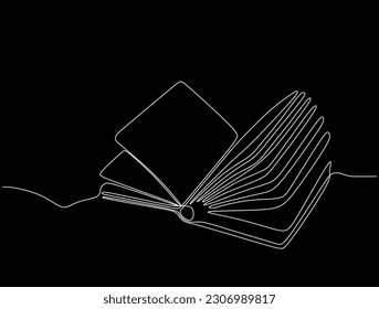 Continuous one line drawing open book with flying pages. Vector illustration education supplies back to school theme isolated on black background.