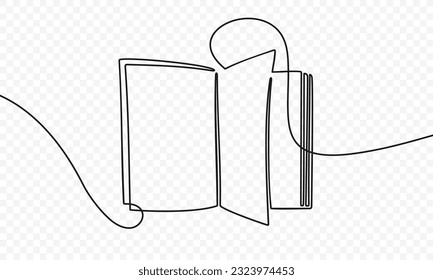 Continuous one line drawing of an open book with page turning vector design. Single line art illustration on the theme of reading, education and learning on transparent background