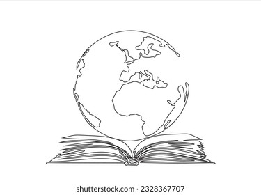 Continuous one line drawing of open Book and globe Earth planet concept