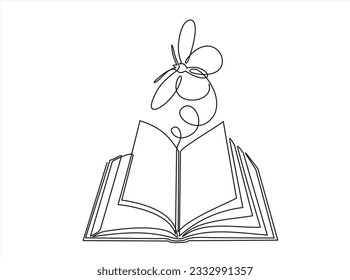 Continuous one line drawing of open book with flying butterfly. Vector illustration on white background.