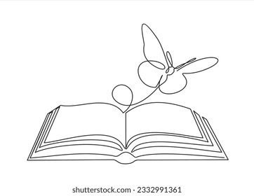 Continuous one line drawing of open book with flying butterfly. Vector illustration on white background.