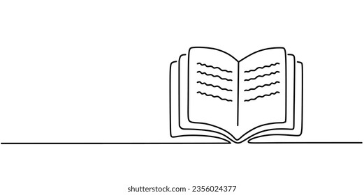 Continuous one line drawing open book. Vector illustration education supplies back to school theme.	