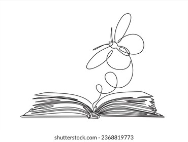 Continuous one line drawing of open book with flying butterfly. Vector illustration on white background.