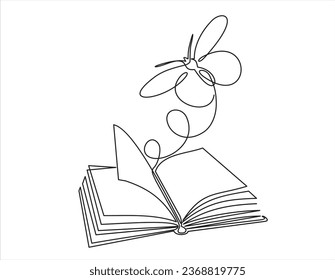 Continuous one line drawing of open book with flying butterfly. Vector illustration on white background.