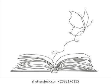 Continuous one line drawing of open book with flying butterfly. Vector illustration on white background.