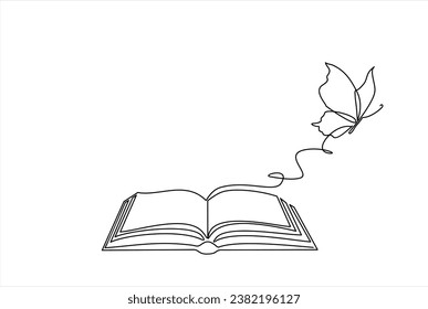 Continuous one line drawing of open book with flying butterfly. Vector illustration on white background.