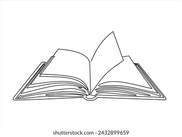 Continuous one line drawing of an open book with flying pages. Vector illustration of back to school, educational supplies.