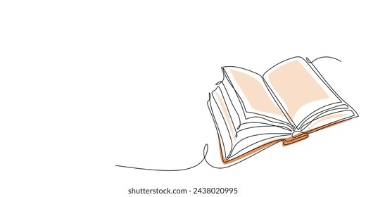 Dibujo continuo de una línea de libro abierto. Una sola línea de cuaderno con páginas voladoras con forma de color. Concepto de estudio, conocimiento, educación, regreso a la escuela. Dibujado a mano boceto Vector trazo editable