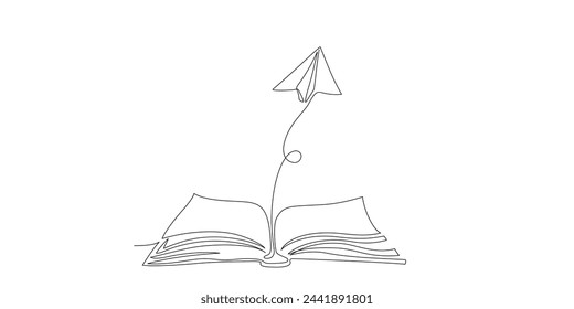 Continuous one line drawing of open book and flying paper plane. Single line drawing of content for school, education, study Vector illustration on white background. Hand drawn linear art illustration