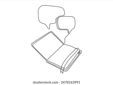 Continuous one line drawing of open book and speech bubble. Trendy line art vector on a white background. Vector illustration.
