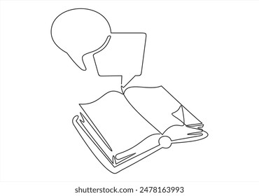 Continuous one line drawing of open book and speech bubble. Trendy line art vector on a white background. Vector illustration.