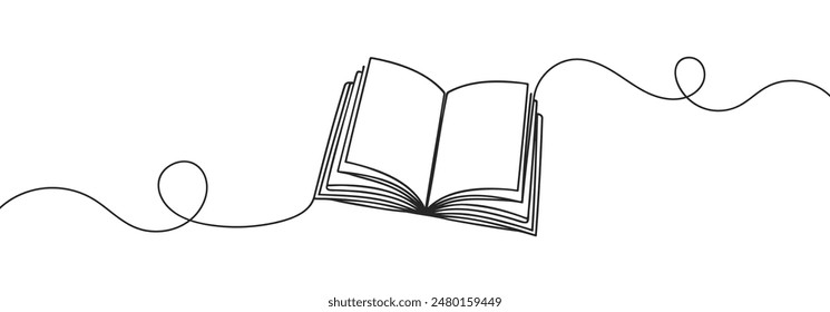 Continuous one line drawing of an open book. Vector illustration of back to school, educational supplies.
