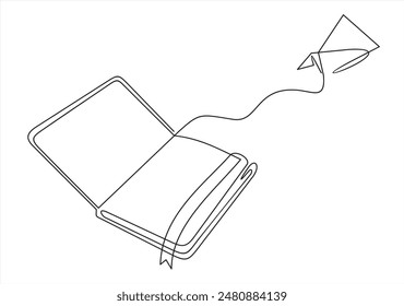 Continuous one line drawing of open book with flying paper plane. Vector illustration on white background.	

