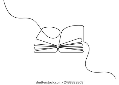 Continuous One line drawing of open book isolated outline vector art illustration