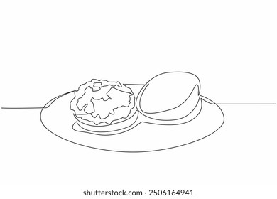 Continuous one line drawing open sloppy joe on a round plate. Filled with savory minced beef. Close the top of the bread. Enjoy. National Sloppy Joe Day. Single line draw design vector illustration