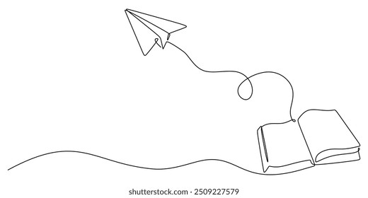 Continuous one line drawing of an open book and a paper plane. Illustrates the connection between literature and creativity in a hand-drawn style.