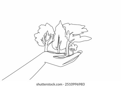 Continuous one line drawing open palm, on top of it some big trees. Actively participate in reforestation. Save environment. International Day of Forests. Single line draw design vector illustration