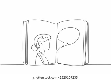 Continua una línea dibujando un libro abierto con la cara de una mujer en una página. Conexión entre el lector y el autor. Día internacional de la lengua materna. Ilustración vectorial de diseño de dibujo de línea única