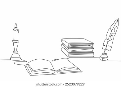 Continuous one line drawing open book, quill and lit candle in a candlestick. Reading. Studying. Learning. Writing. Increase knowledge. World Candle Day. Single line draw design vector illustration