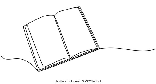 Continuous one line drawing open book with flying pages. Vector illustration education supplies back to school theme, Continuous one line drawing Opened book. Education study and knowledge library.