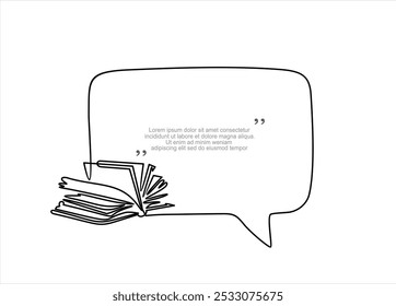 Continuous one line drawing of open book and speech bubble. Trendy line art vector on a white background. Vector illustration.