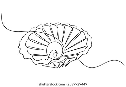 Desenho contínuo de uma linha de casca de ostra aberta com pérola. Símbolo de concha e banner de spa de beleza e salão de bem-estar em estilo linear simples, padrão unilateral contínuo de conchas. Pérola recortada