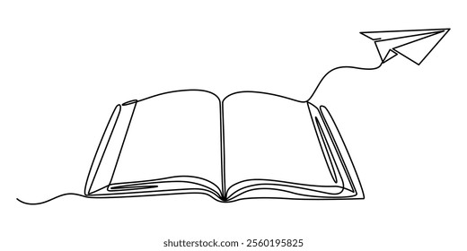 Continuous one line drawing of open book with flying paper plane. Vector illustration on white background, Continuous one line drawing of open book and flying paper plane. Single line drawing.