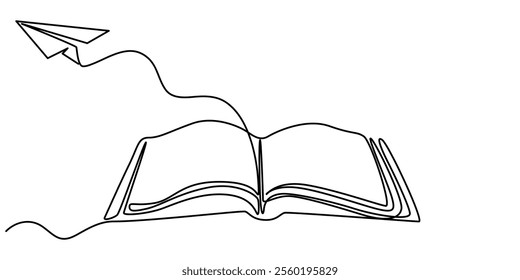 Continuous one line drawing of open book with flying paper plane. Vector illustration on white background, Continuous one line drawing of open book and flying paper plane. Single line drawing.