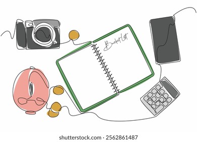 Continuous one line drawing open notebook with the words Bucket List written on it. Calculating the needs for going on vacation. National Bucket List Day. Single line draw design vector illustration