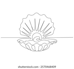 Continuous one line drawing of open pearl shell . Single line drawing illustration of an oyster .  Modern minimalist badge icon or logo with abstract color shapes . Doodle line illustration.
