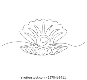 Continuous one line drawing of open pearl shell . Single line drawing illustration of an oyster .  Modern minimalist badge icon or logo with abstract color shapes . Doodle line illustration.
