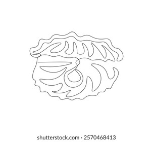 Continuous one line drawing of open pearl shell . Single line drawing illustration of an oyster .  Modern minimalist badge icon or logo with abstract color shapes . Doodle line illustration.
