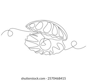 Continuous one line drawing of open pearl shell . Single line drawing illustration of an oyster .  Modern minimalist badge icon or logo with abstract color shapes . Doodle line illustration.
