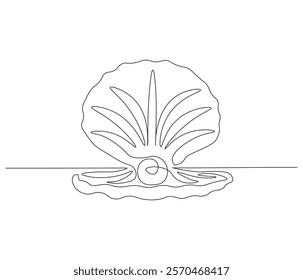 Continuous one line drawing of open pearl shell . Single line drawing illustration of an oyster .  Modern minimalist badge icon or logo with abstract color shapes . Doodle line illustration.
