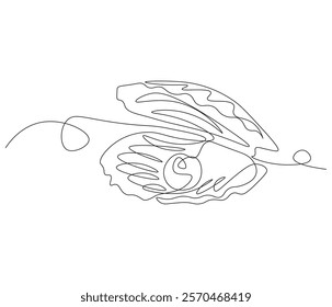 Continuous one line drawing of open pearl shell . Single line drawing illustration of an oyster .  Modern minimalist badge icon or logo with abstract color shapes . Doodle line illustration.
