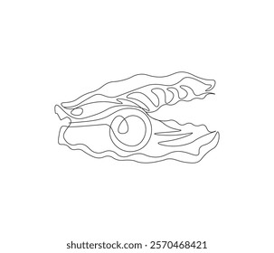 Continuous one line drawing of open pearl shell . Single line drawing illustration of an oyster .  Modern minimalist badge icon or logo with abstract color shapes . Doodle line illustration.
